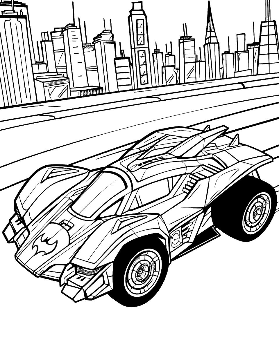 Batmobile Night Patrol Coloring Page - The Batmobile Hot Wheel cruises with Gotham’s skyline in the background.