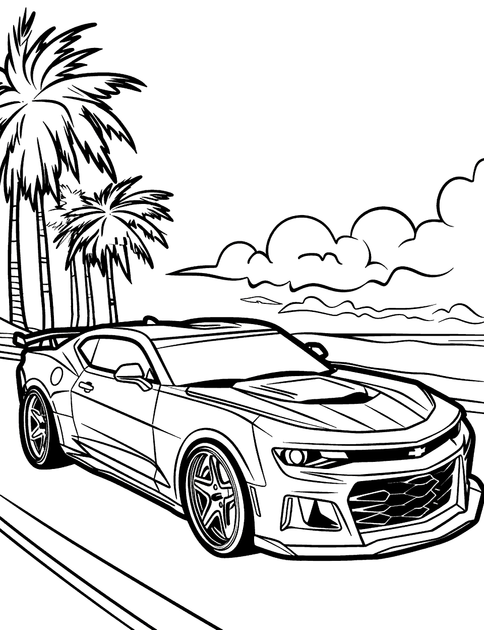 Camaro Sunset Drive Coloring Page - A Chevrolet Camaro driving along a beachside road with palm trees in the background.