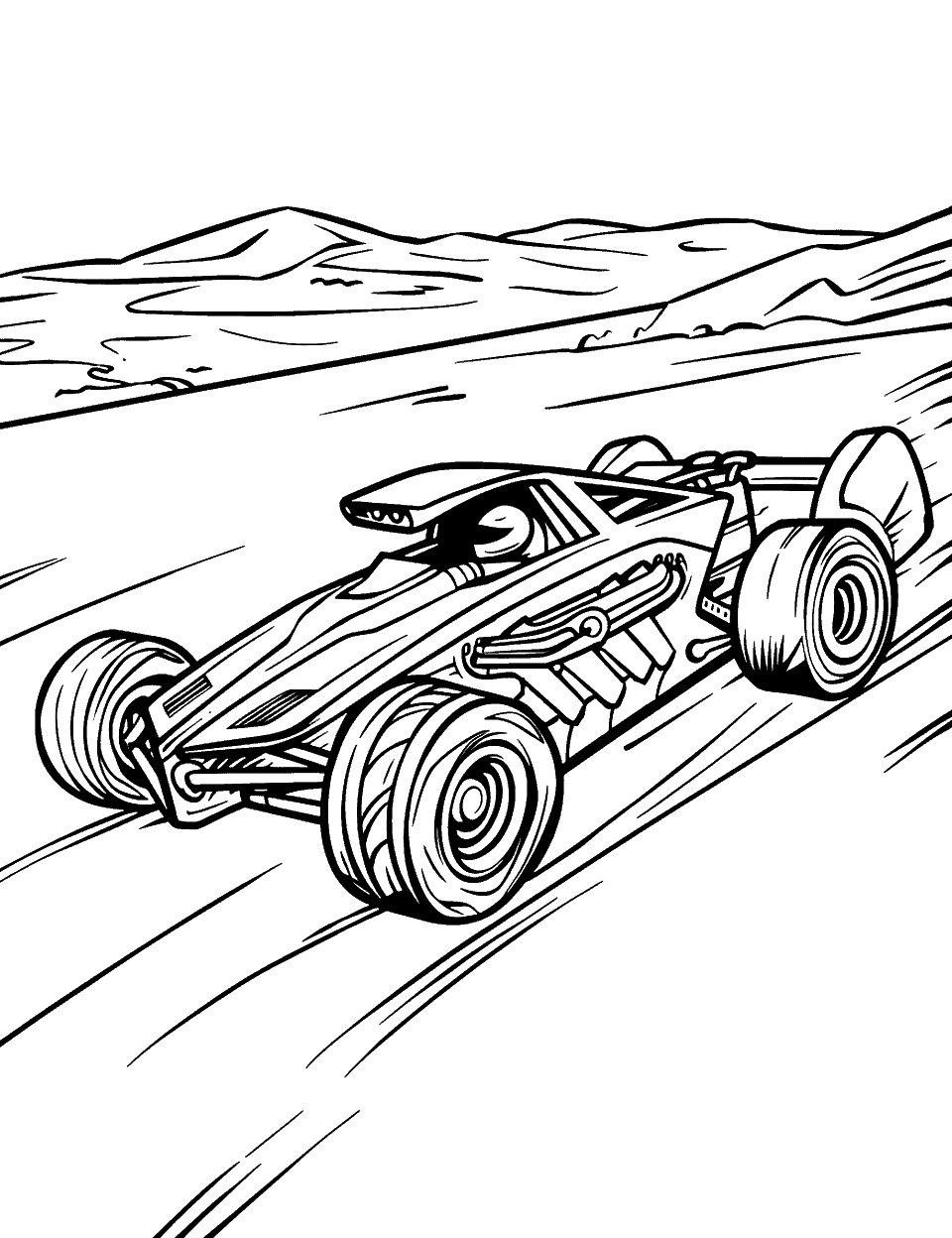Turbo Racer Coloring Page - A Hot Wheel car speeding on a desert race track.