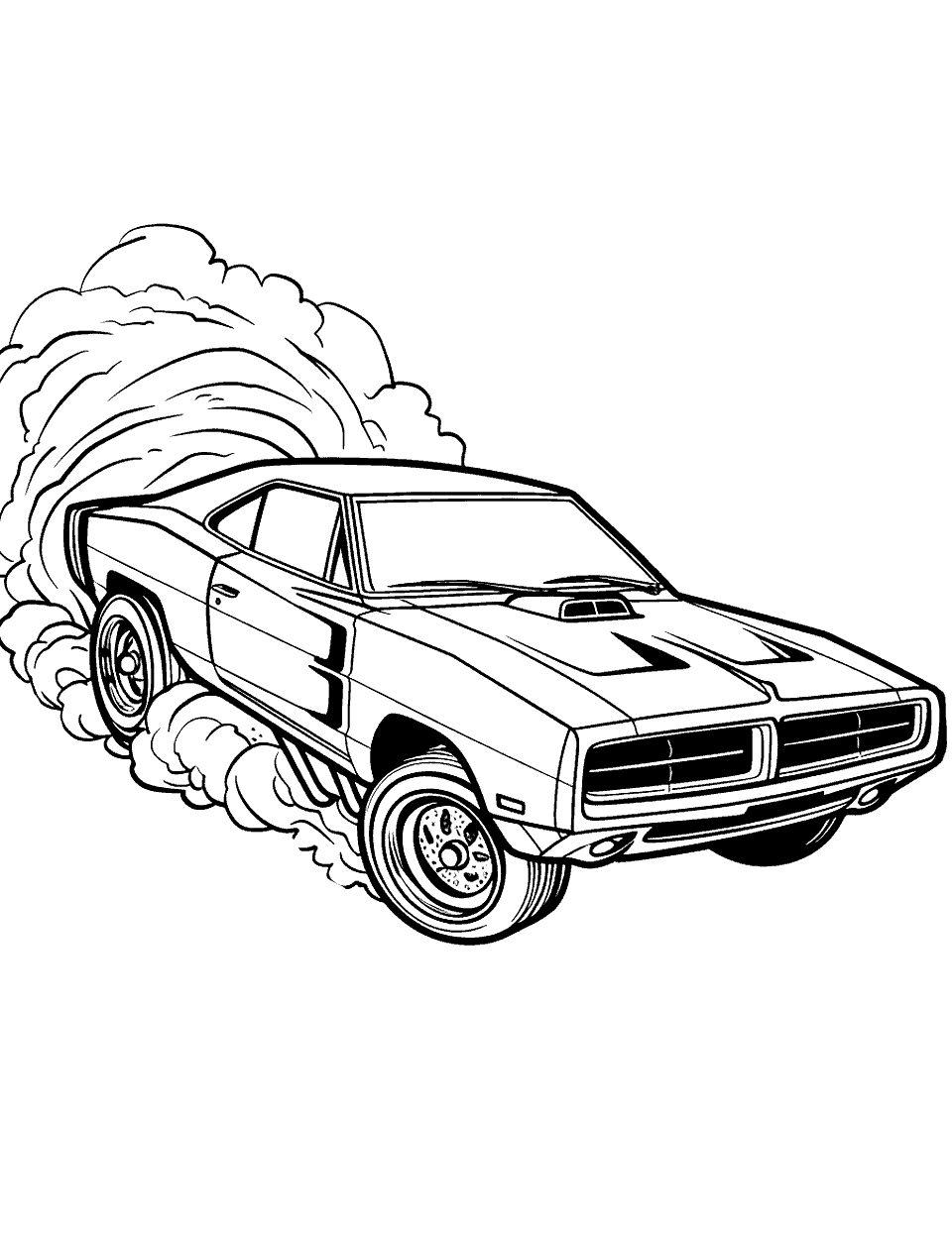 Dodge Charger Getaway Coloring Page - A classic Dodge Charger evading capture, with a cloud of dust behind it.