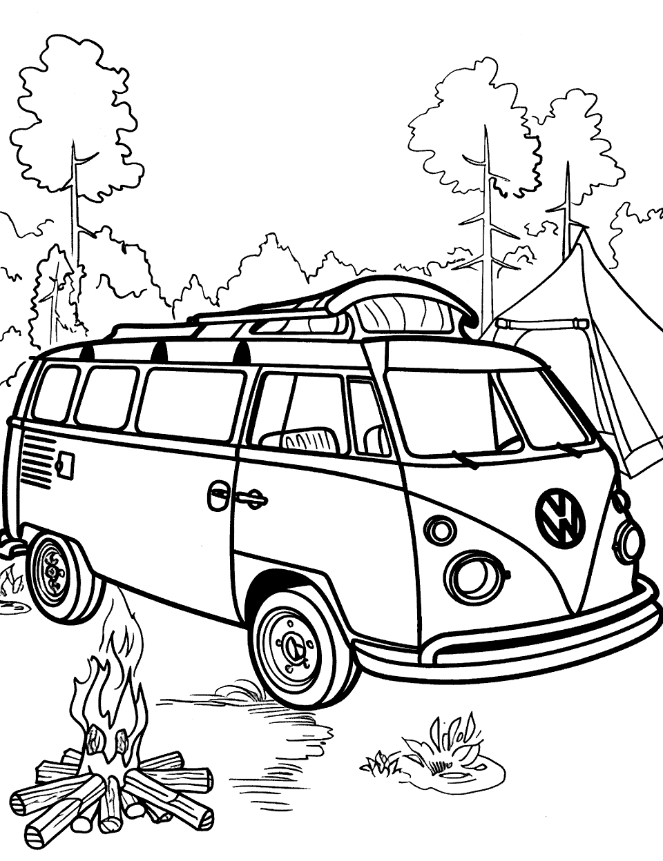 Volkswagen Campout Coloring Page - A Volkswagen bus parked at a campsite, with a campfire and a single tent nearby.