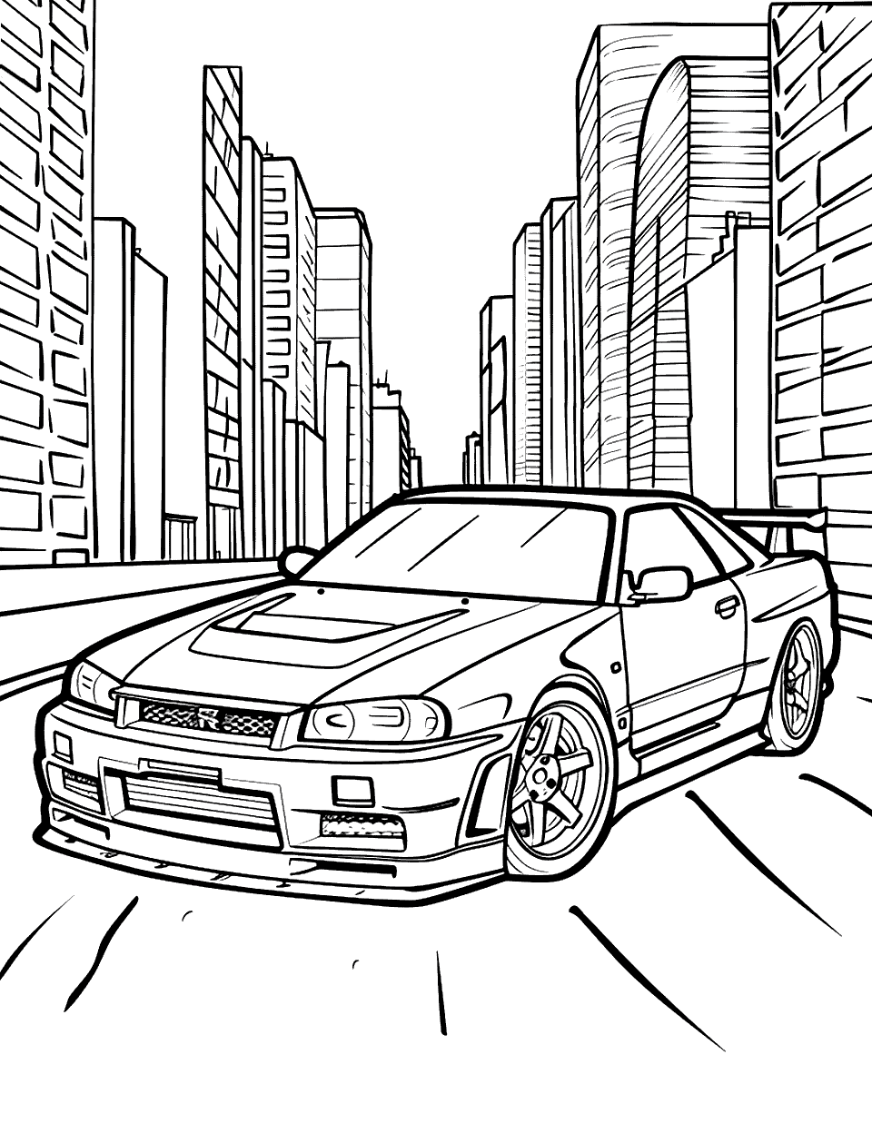 Nissan R34 Skyline Cruise Coloring Page - A Nissan R34 Skyline cruising down a city street, skyscrapers on either side.
