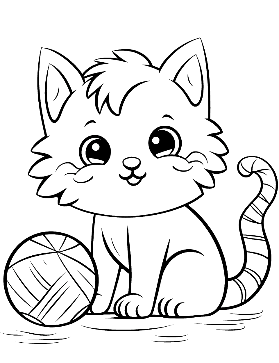 Cute Kitten Playing Coloring Page - A fluffy kitten playing with a ball of yarn.