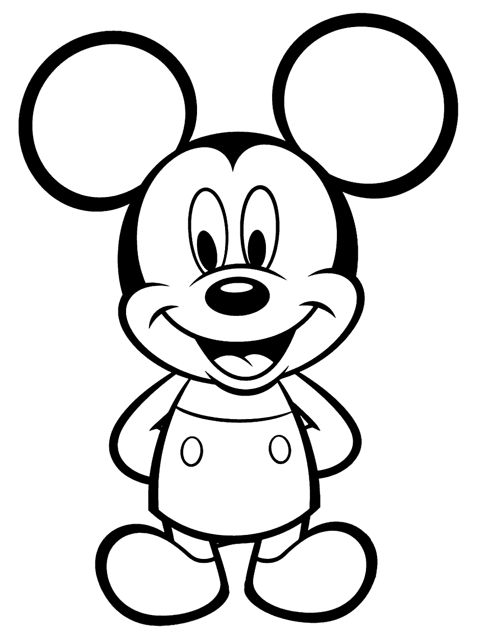 Mickey Mouse Coloring Page - An easy-to-color Mickey Mouse Design standing alone smiling.