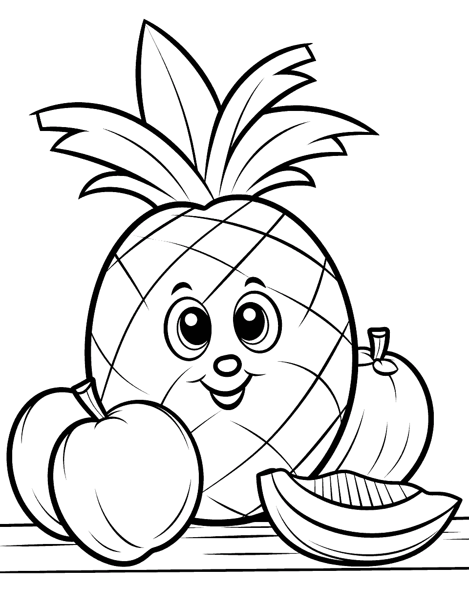 Ripe Fruits Coloring Page - Ripe fruits on a table ready to be eaten.
