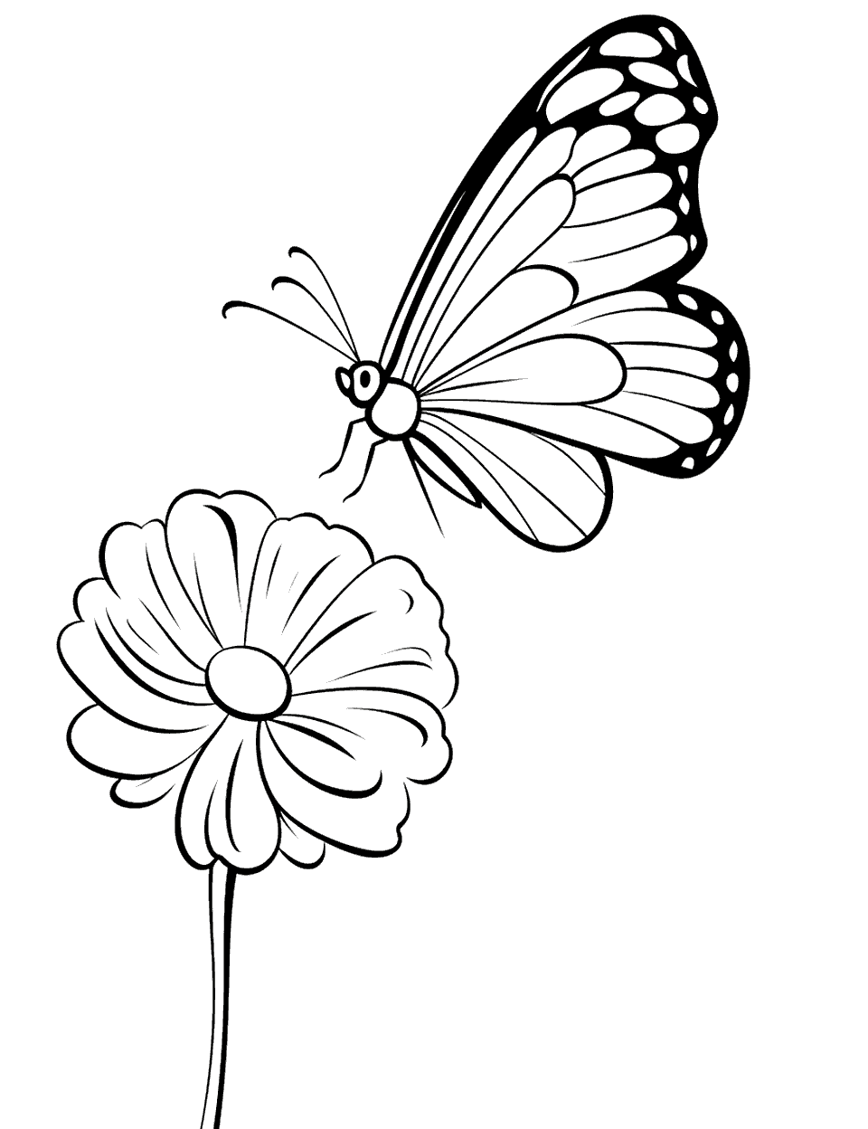 Butterfly Flying Coloring Page - A butterfly flying gently over a single flower.