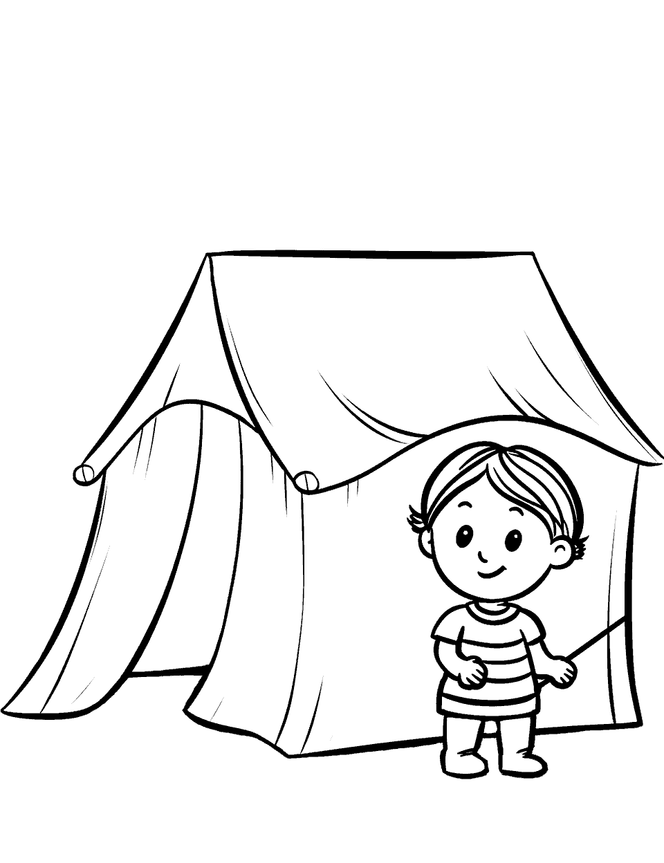 Going Camping Coloring Page - A kid with his tent raised up, ready for camping.
