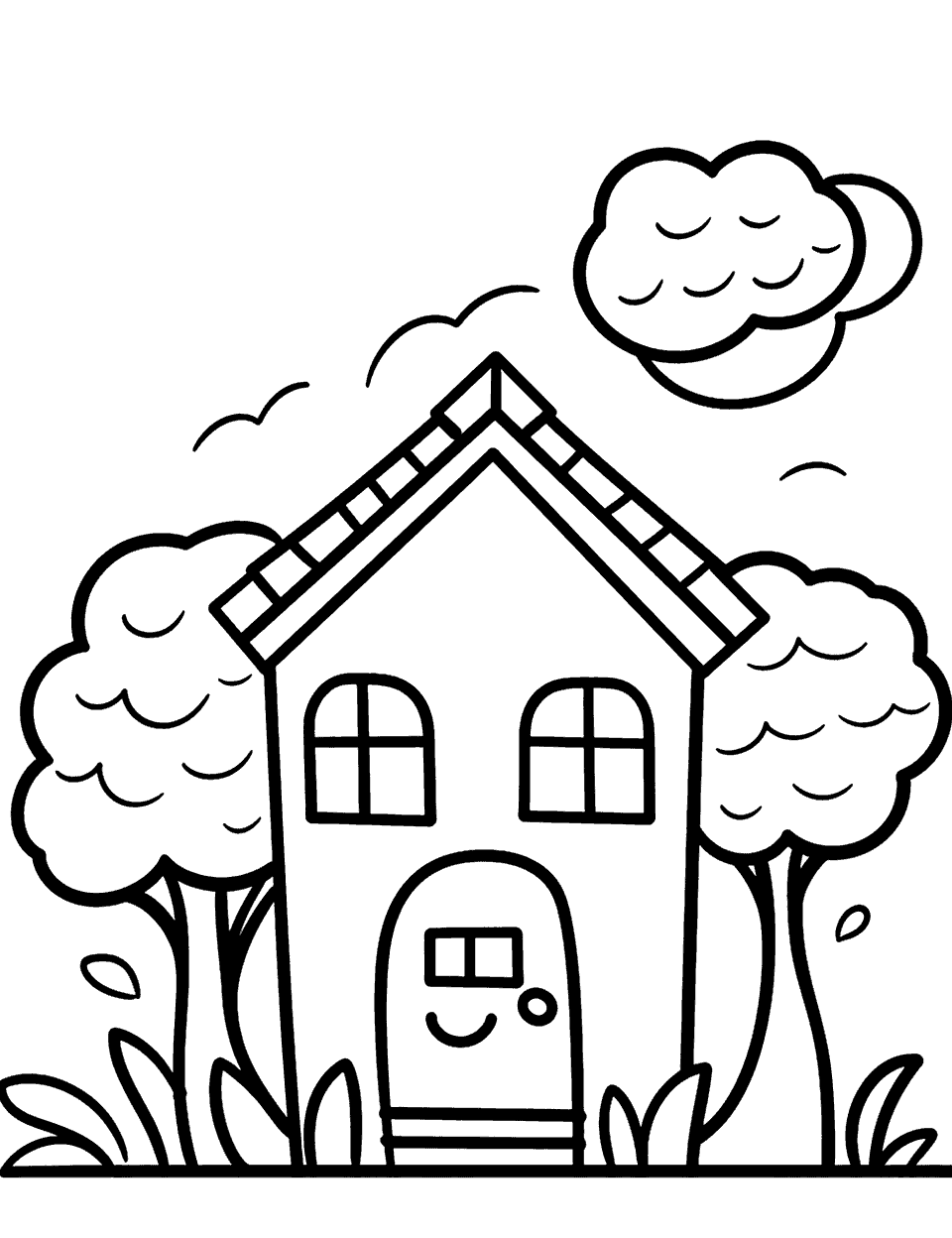 My First House Coloring Page - A simple house with trees next to it.