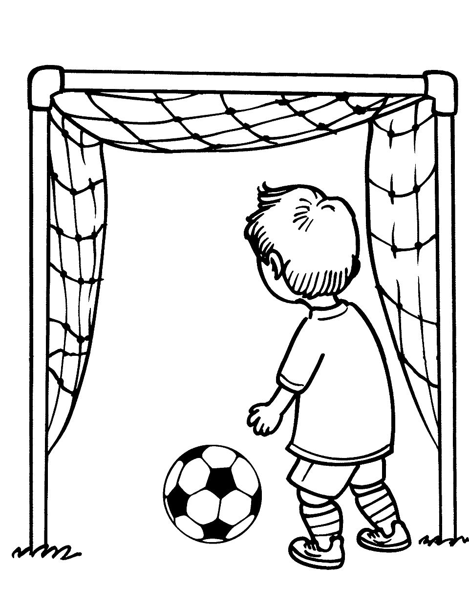 Playing Soccer Coloring Page - A kid playing soccer with a simple goalpost.