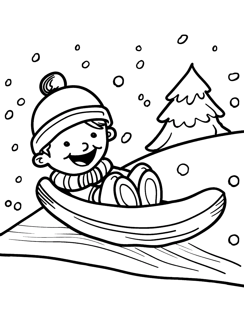 Winter Wonderland Coloring Page - A kid sledding down a small hill.