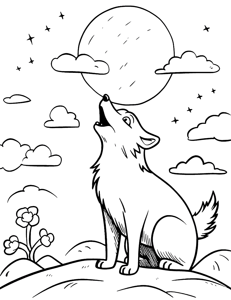 Wolf Howling at the Moon Coloring Page - A lone wolf howling at a full moon.