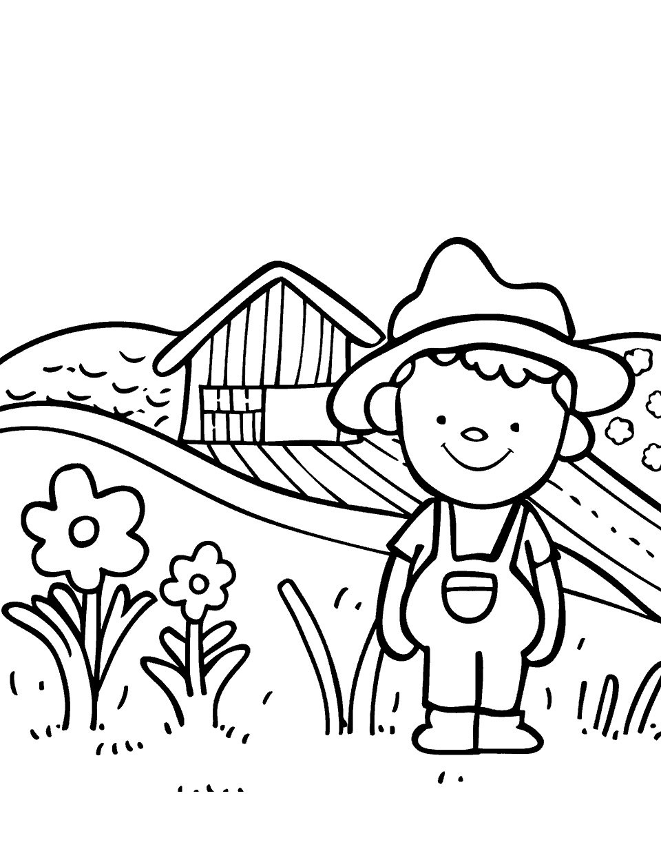 Happy Farm Coloring Page - A smiling farmer in front of the farm.