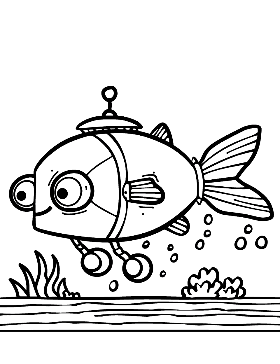 Oceans Robot Coloring Page - A simple robot fish exploring calm water.