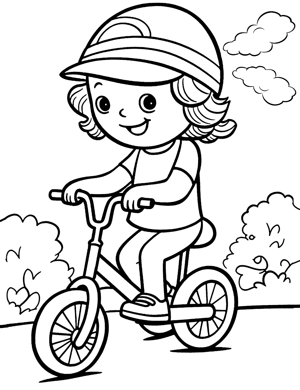 First Bike Ride Coloring Page - A young child riding a bike for the first time.
