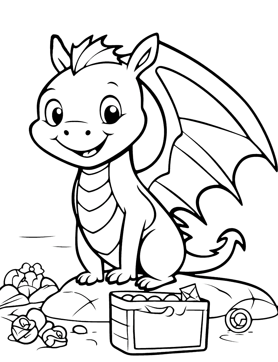Fairy Tale Dragon Coloring Page - A baby dragon guarding a treasure chest in a cave.