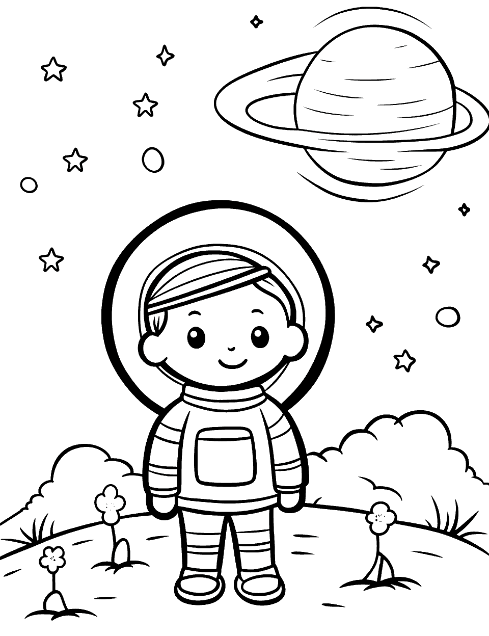 Space Exploration Coloring Page - An astronaut is standing on an alien planet with a simple, easy-to-color design.