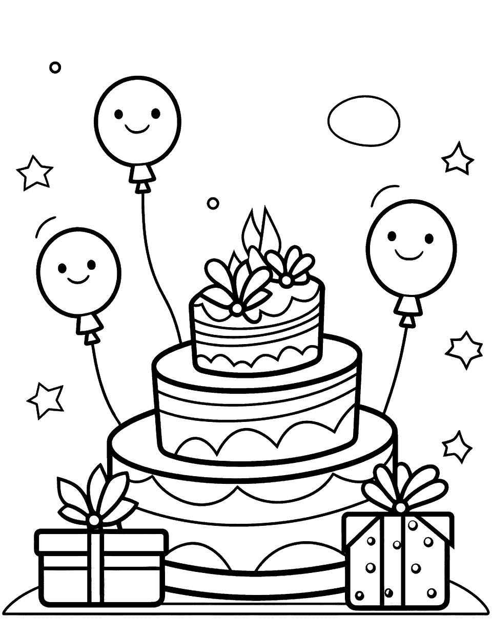 Happy Birthday Coloring Page - A birthday cake with candles surrounded by gifts.