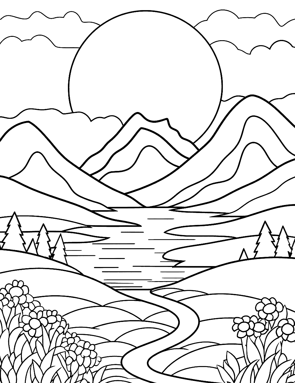 Majestic Mountain View Coloring Page - A serene mountain landscape with a rising sun in the background.