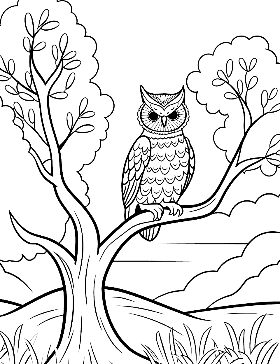 Owl Perched in a Tree at Night Coloring Page - An owl sitting in the branch of a tree at night.