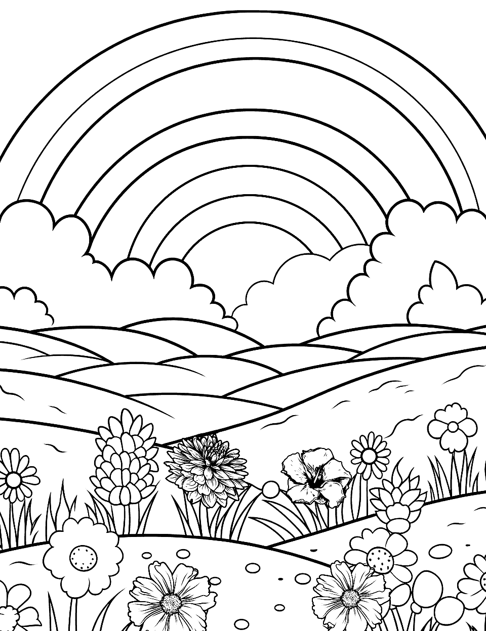 Rainbow Over a Flower Field Coloring Page - A vibrant rainbow arching over a field of wildflowers.