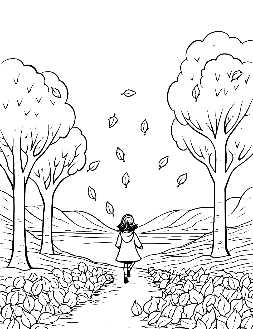 Autumn Leaves Falling Coloring Page - A scene of autumn trees with leaves falling gently to the ground.