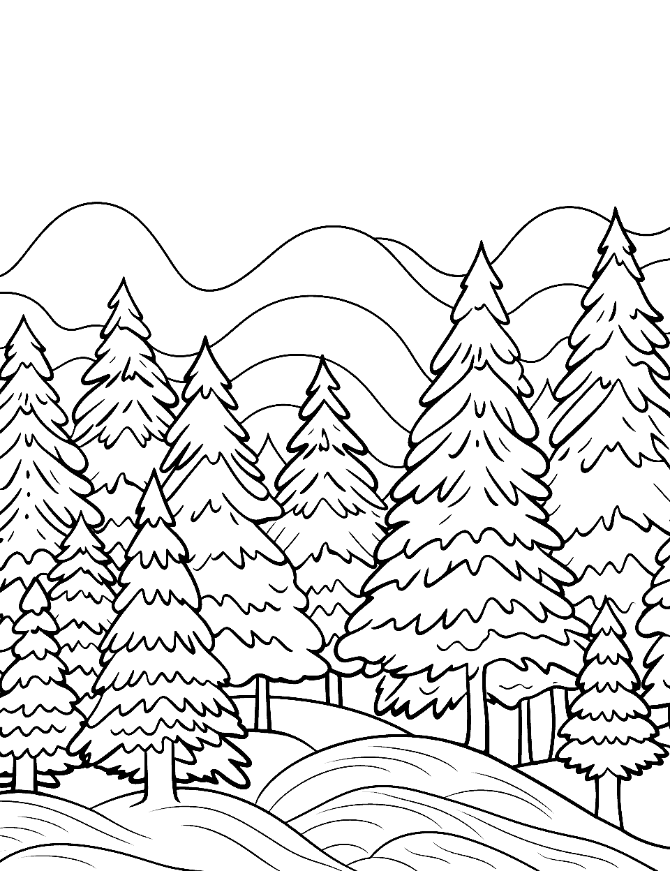 Winter Wonderland Forest Coloring Page - A forest winter scene with pine trees covered in snow.