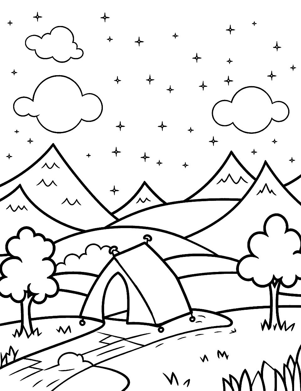 Starry Night Camping Scene Coloring Page - A tent set up under a sky full of stars in the wilderness.