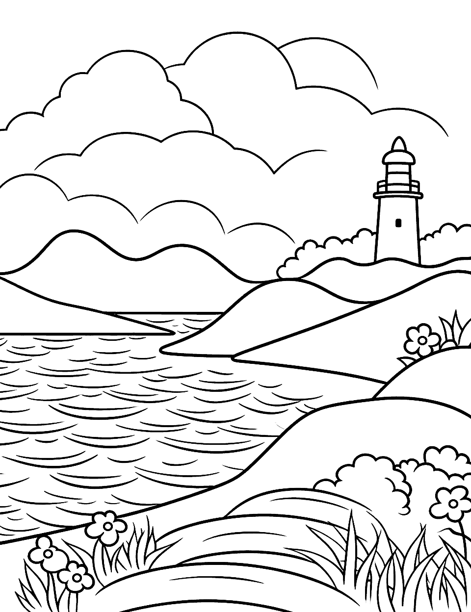 Lighthouse by the Sea Coloring Page - A lighthouse standing tall by the sea shore.