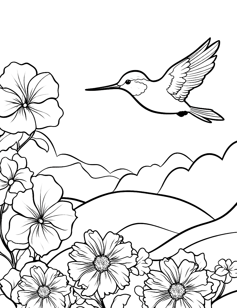Hummingbird Near a Blossom Coloring Page - A hummingbird hovering close to blooming flowers.