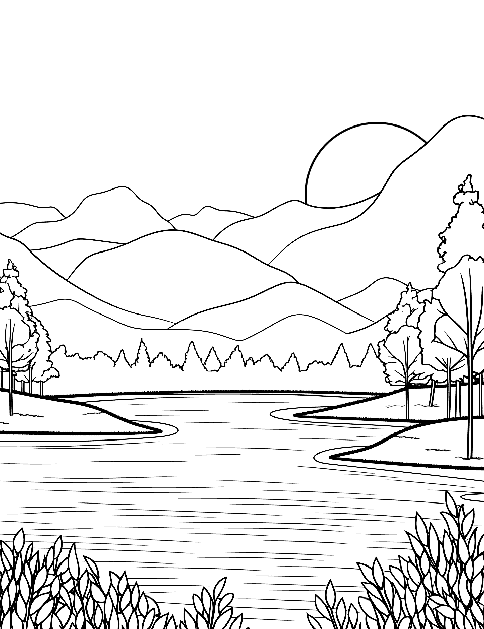 Calm Lake at Dawn Coloring Page - A still lake surrounded by trees.