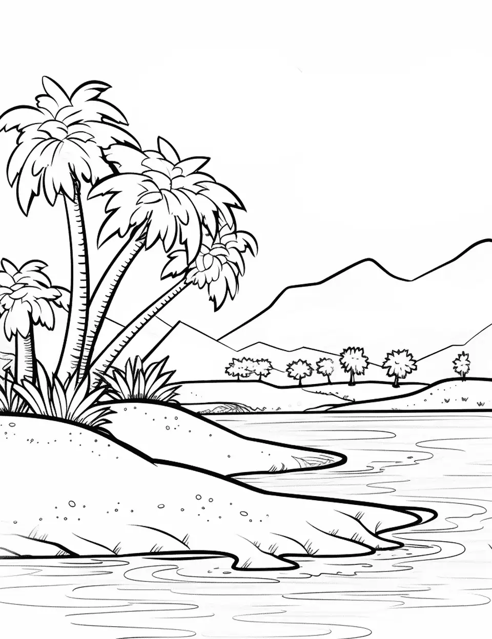 Tropical Island Paradise Coloring Page - A small, uninhabited tropical island with a sandy beach and coconut trees.