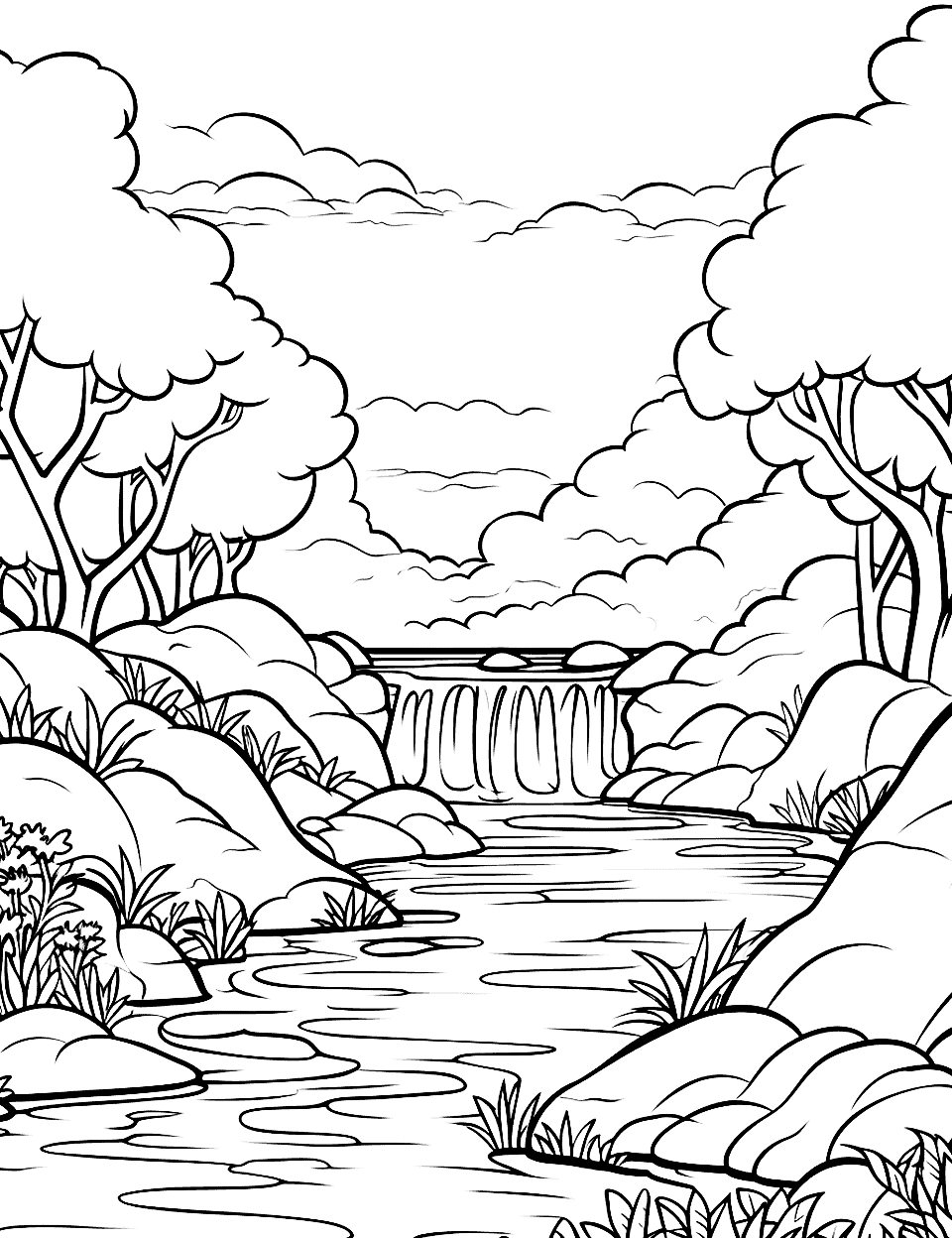 Tranquil Waterfall Oasis Coloring Page - A cascading waterfall into a clear, serene pool surrounded by rocks.