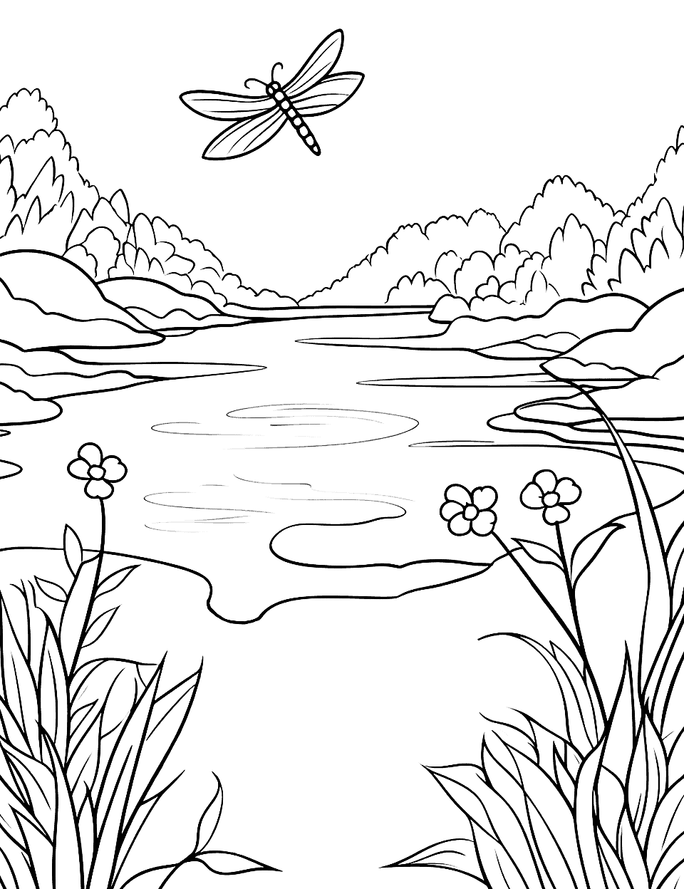 Dragonfly Over a Pond Coloring Page - A dragonfly flying over a pond with flowers.