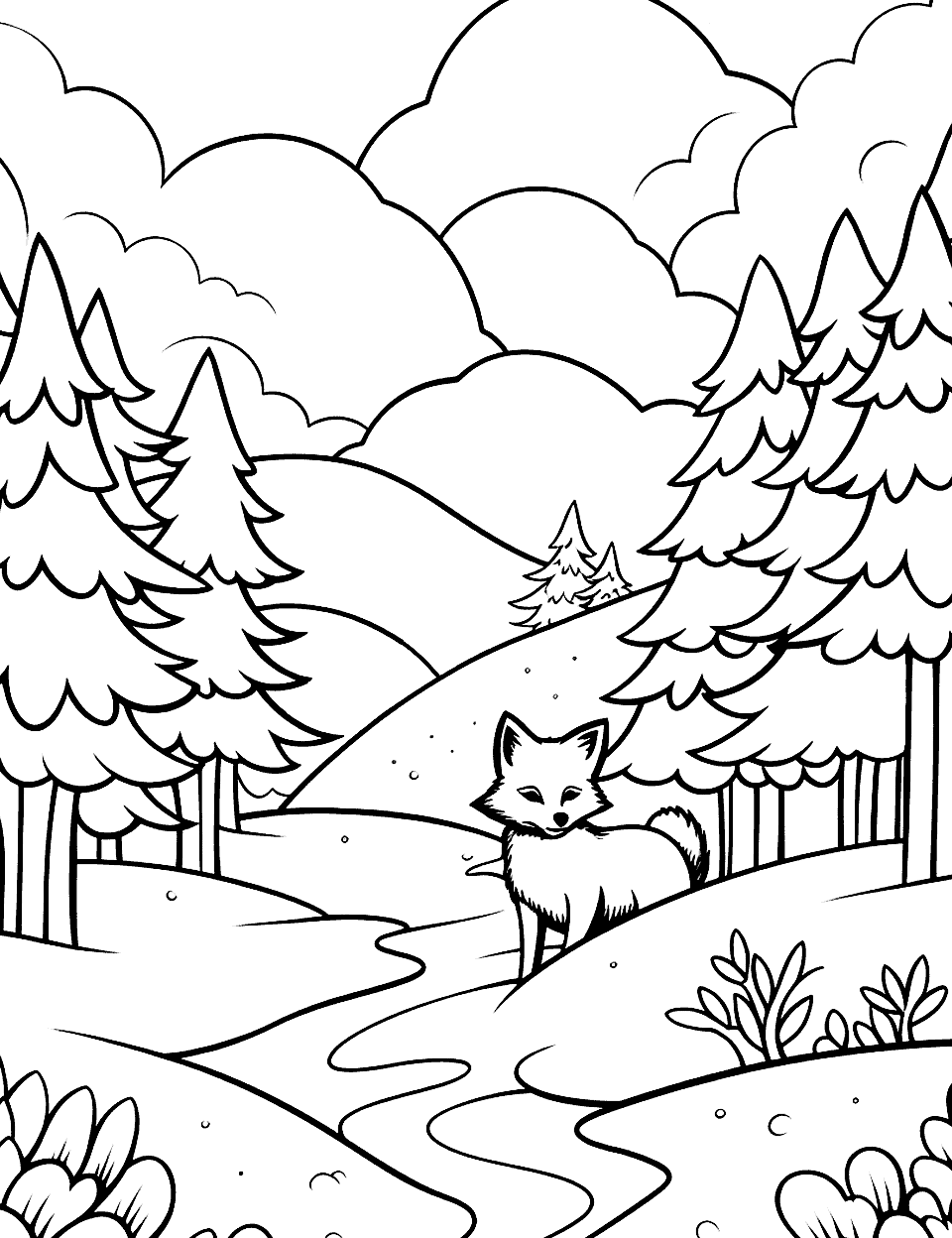 Fox in a Snowy Forest Coloring Page - A fox walking through a snowy forest with snow-covered trees.