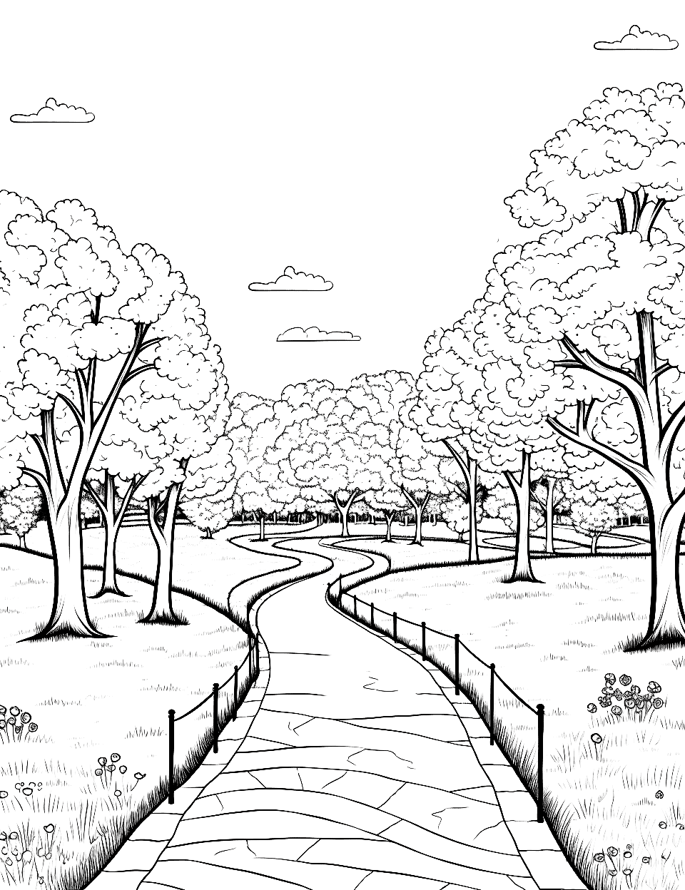 Cherry Blossom Park in Spring Coloring Page - A park filled with blooming cherry blossom trees and a clear sky.