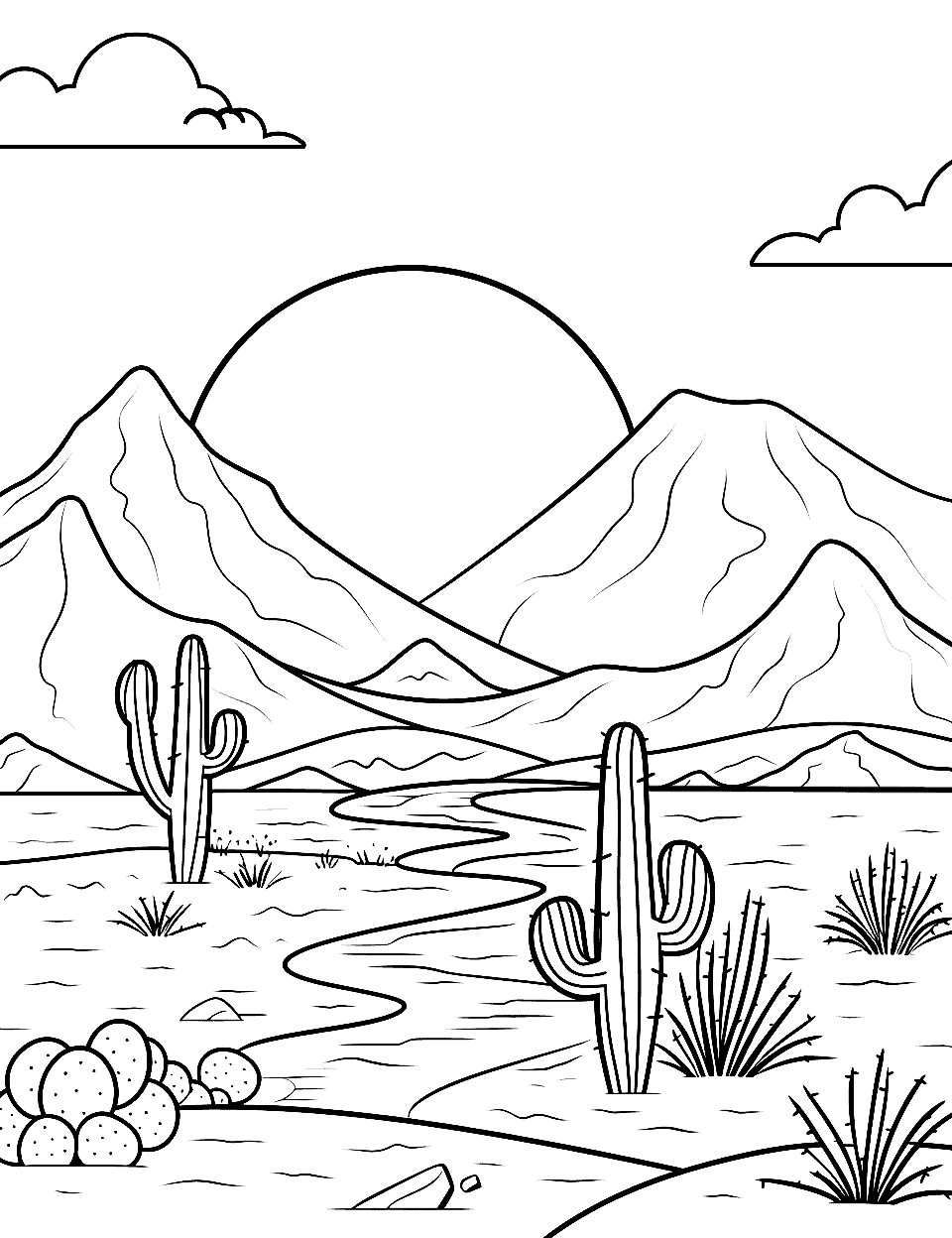 Desert Landscape at Sunset Coloring Page - A desert scene with cacti and mountains, under a sunset sky.