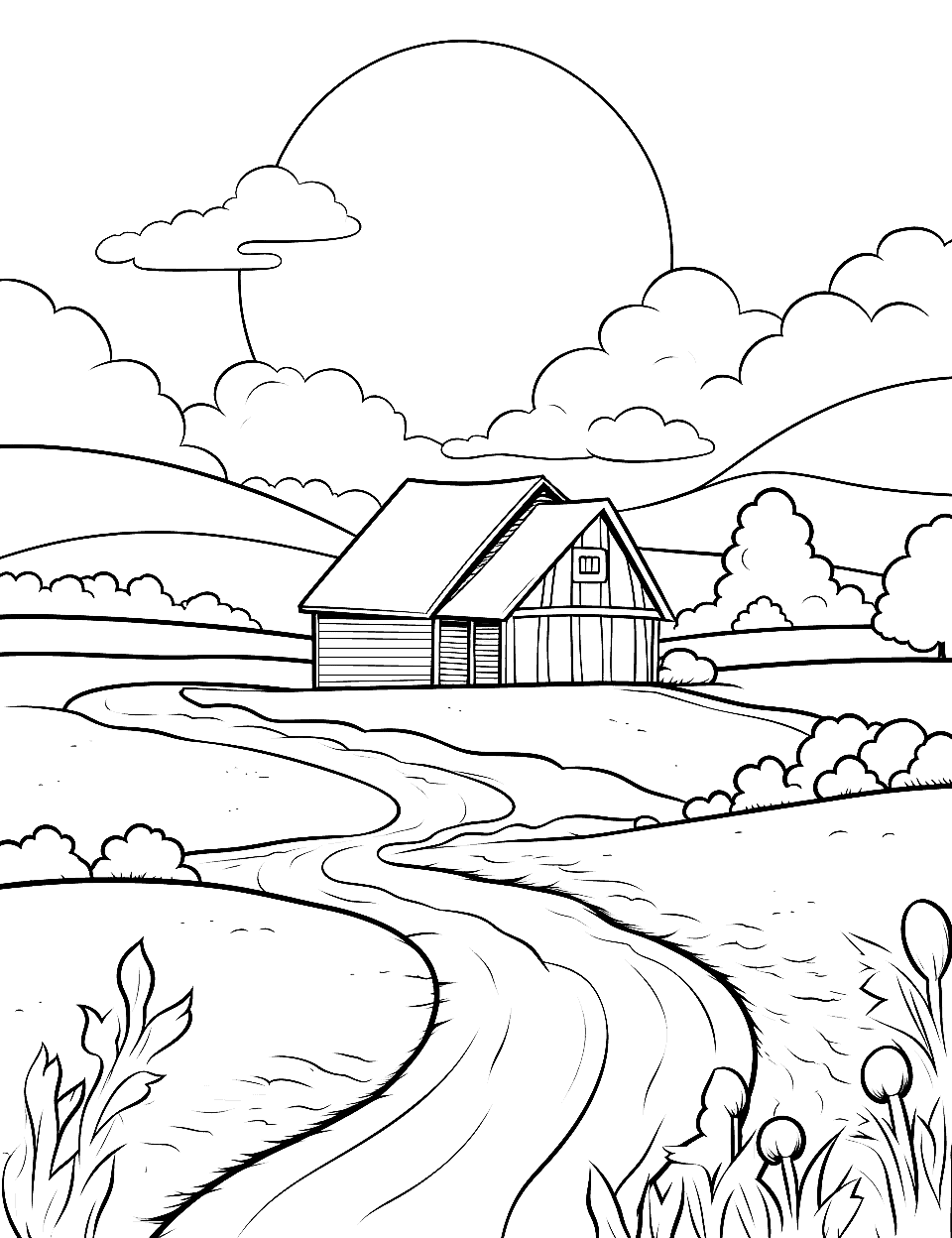 Farm Landscape with Barn Coloring Page - A simple farm scene with a barn and a clear sky in the distance from the twisting road.