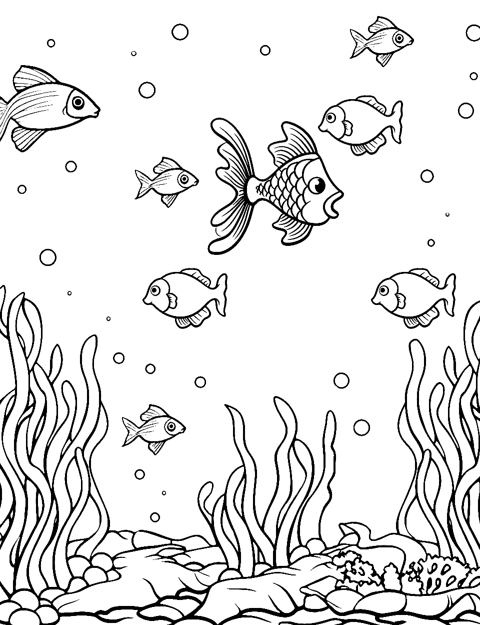 Coral Reef Under the Sea Coloring Page - A coral reef with fish swimming among the corals.