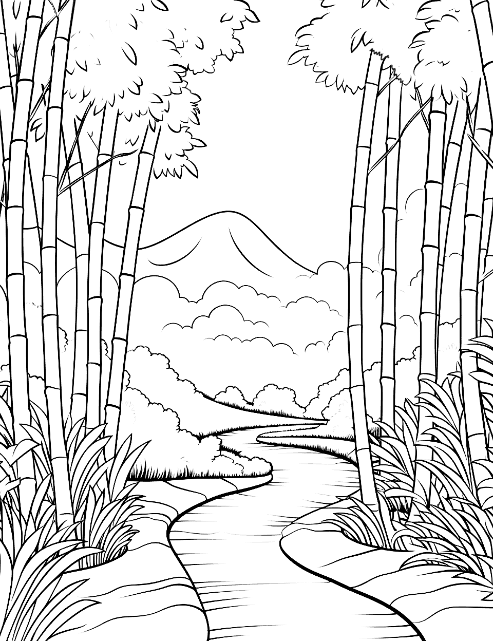 Bamboo Forest Path Coloring Page - A path winding through a dense bamboo forest.