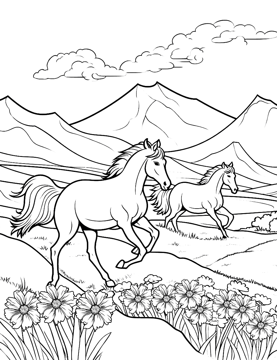 Wild Horses Running Free Coloring Page - Wild horses running across a field with mountains in the distance.