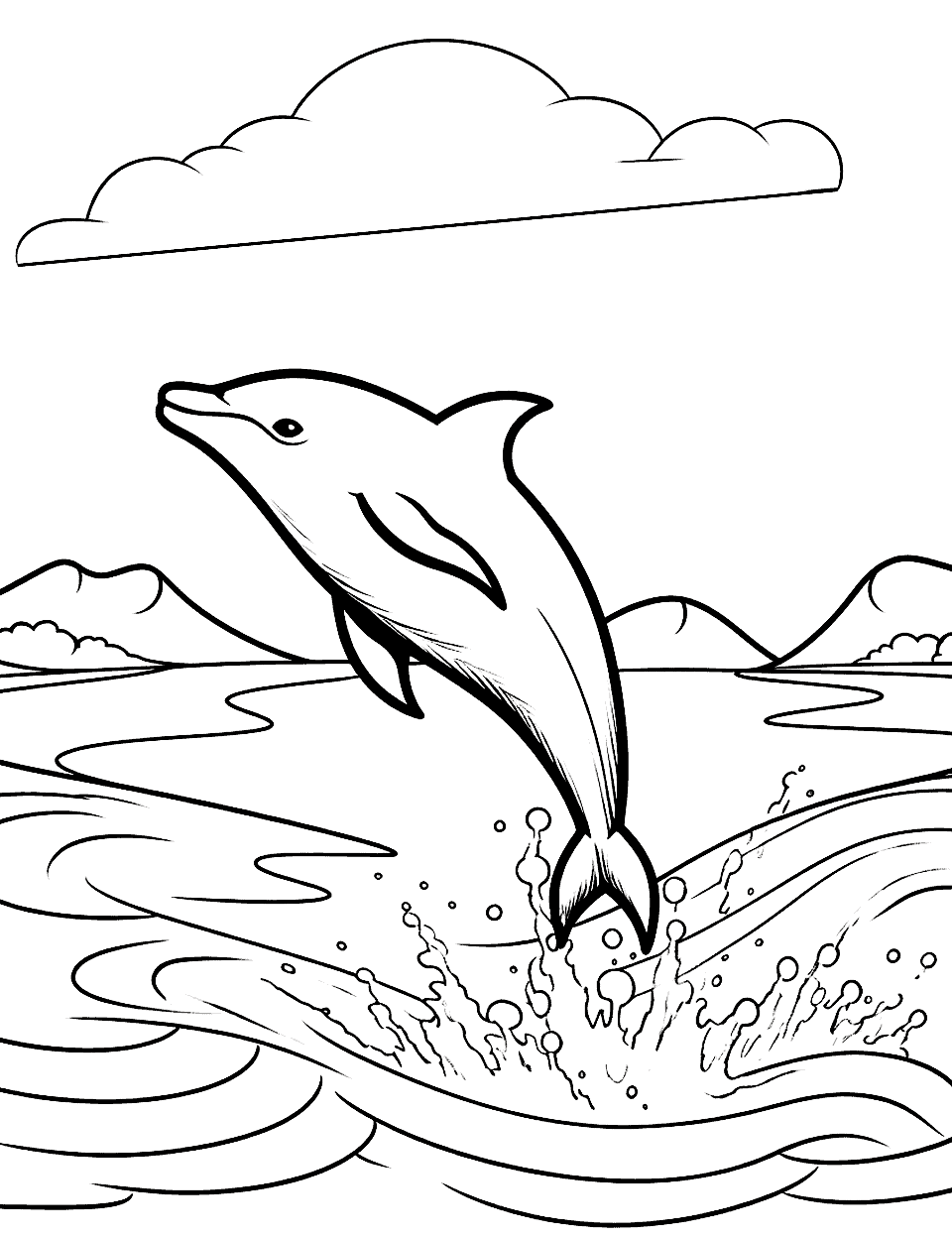 Dolphin Leaping Out of the Water Coloring Page - A dolphin jumping out of the sea, with the horizon in the background.