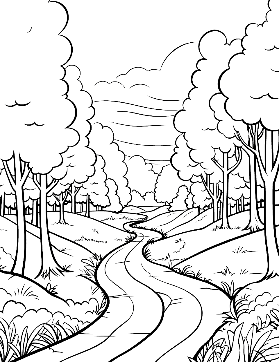 Enchanted Forest Path Coloring Page - A winding path through a forest with towering trees.