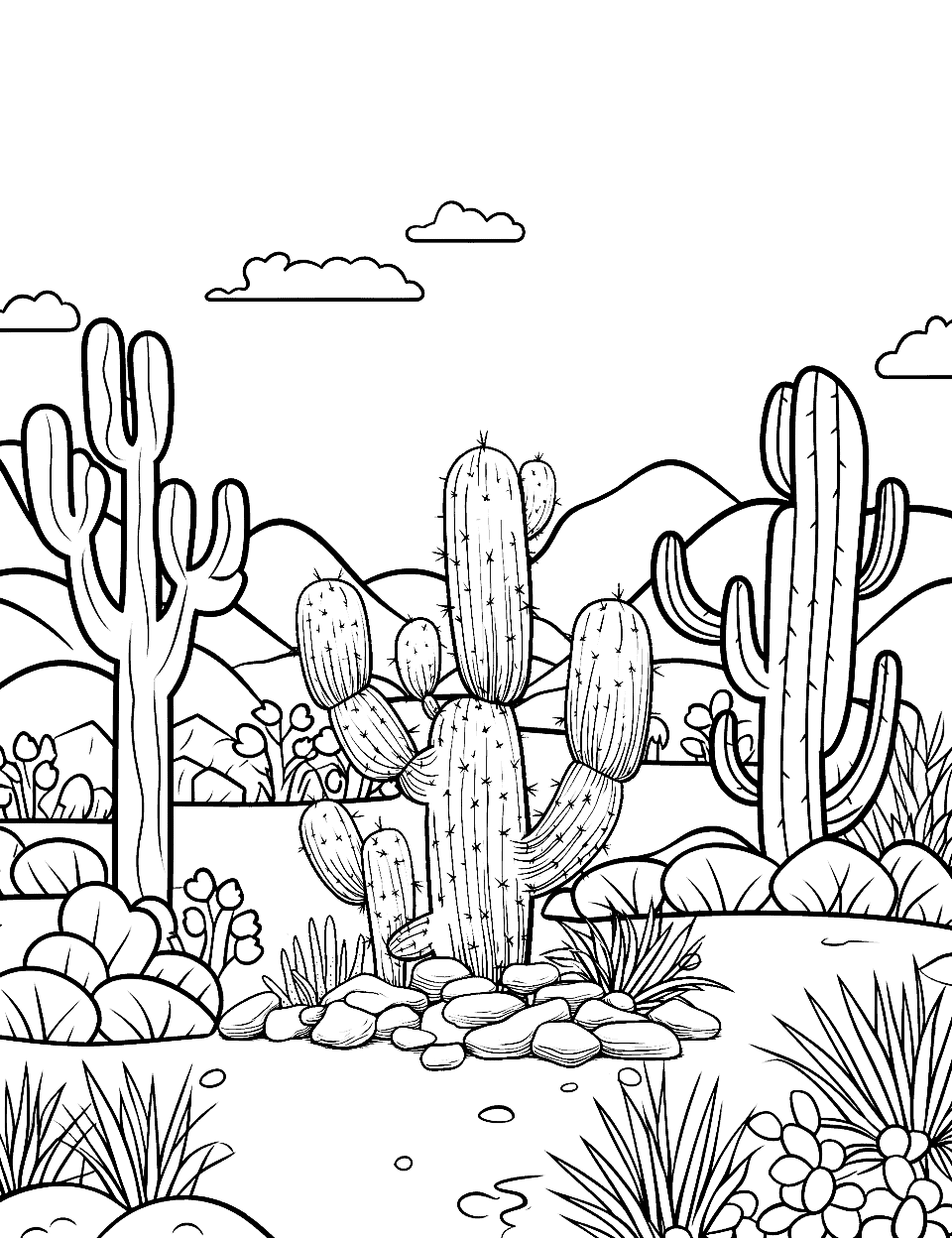 Cactus Garden Coloring Page - A scene showing a variety of cacti in a desert-like area.
