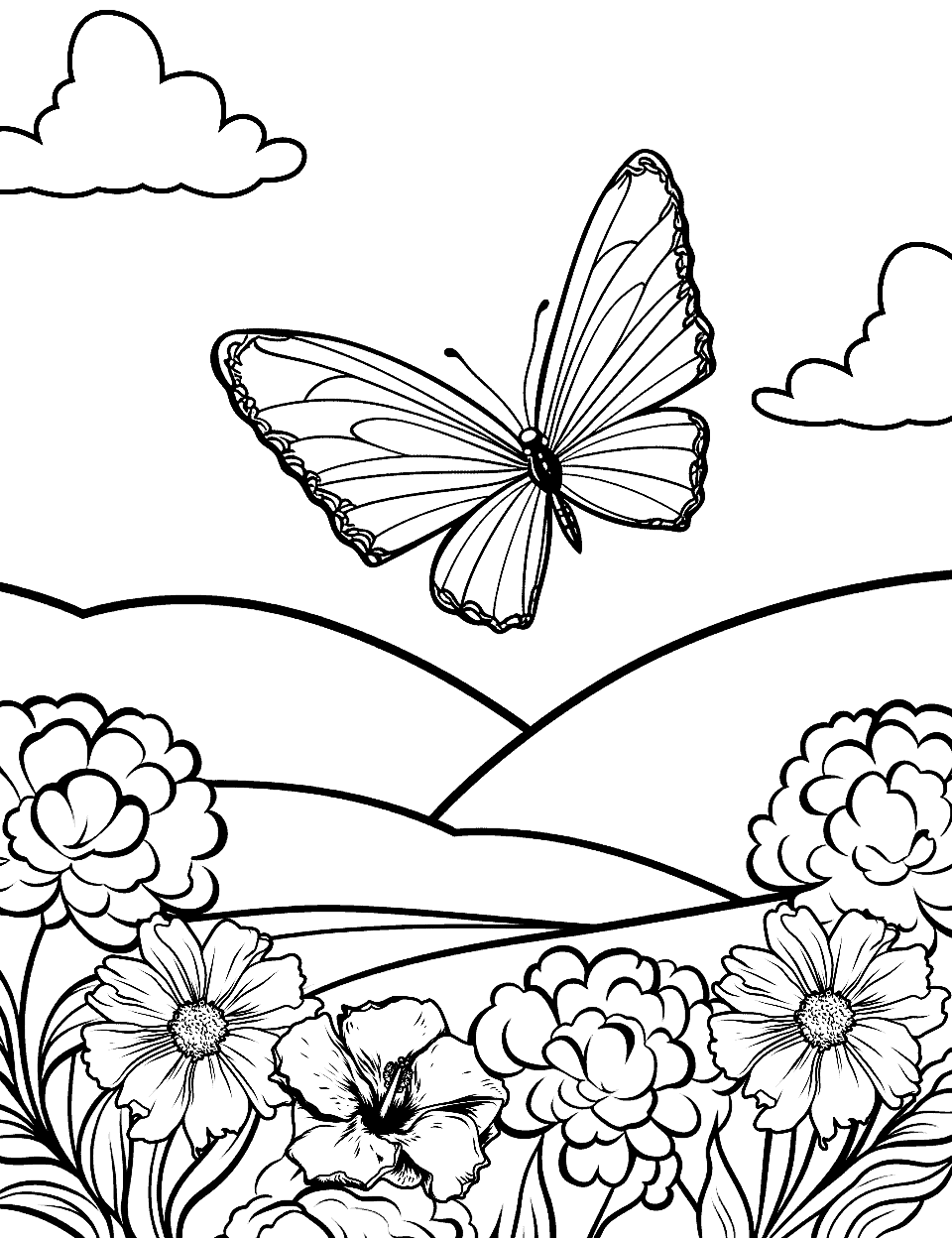 Butterfly Flying Coloring Page - A delicate butterfly flying over flowers in a lush garden.