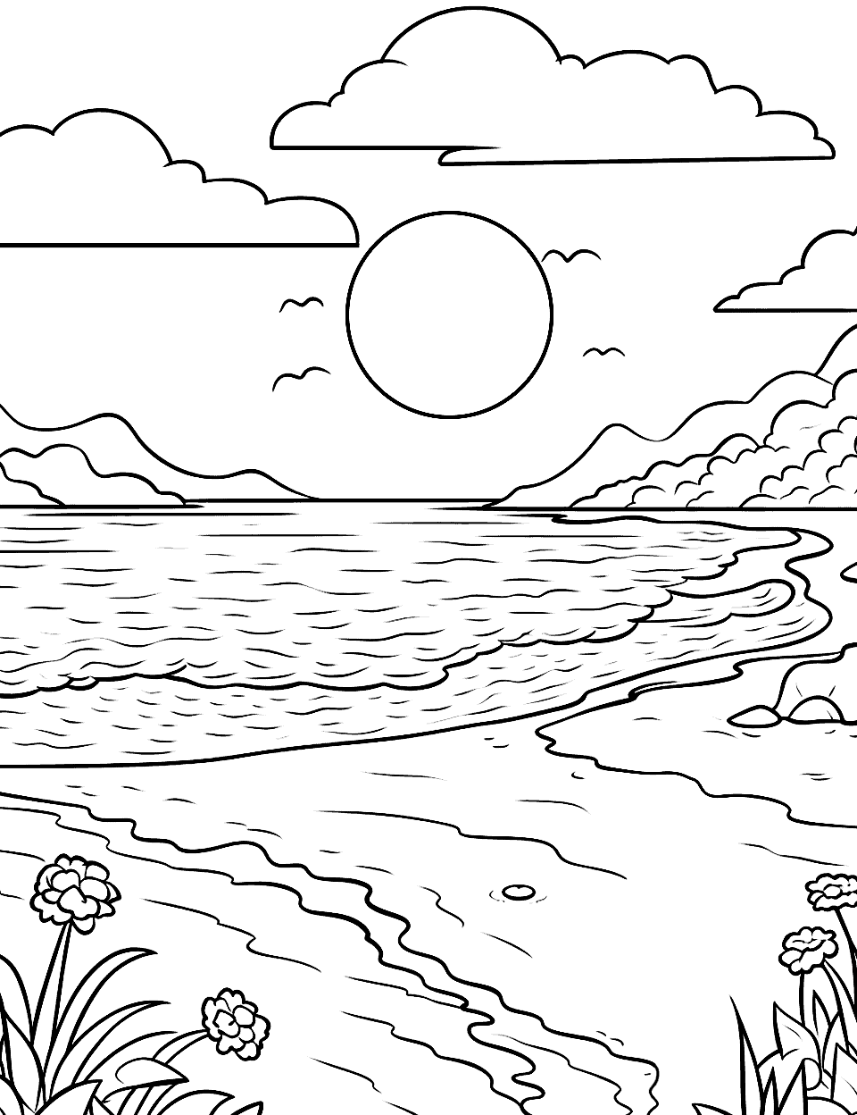 Summer Sea Beach Day Coloring Page - A sunny beach scene with waves gently lapping at the sandy shore.