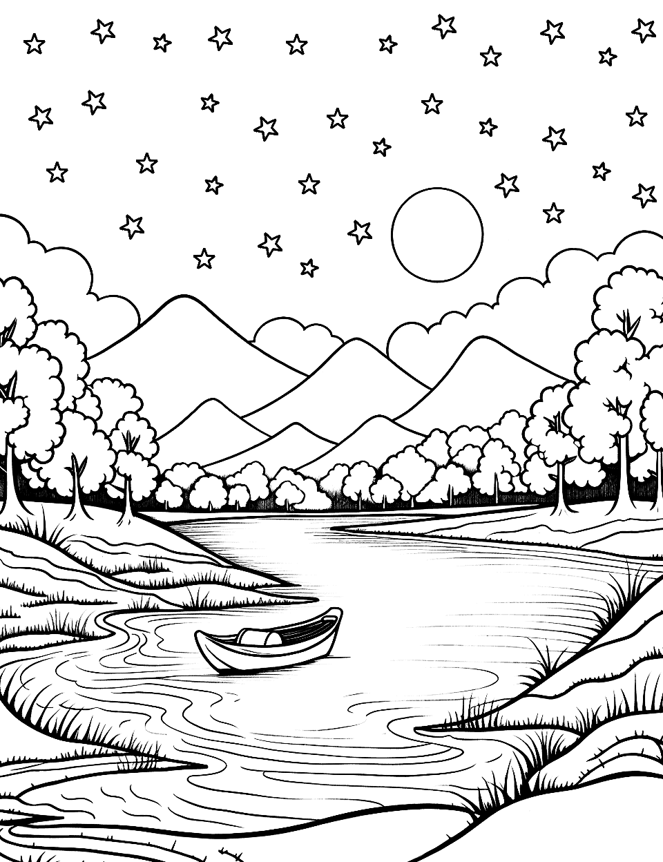 Moonlit River Canoe Coloring Page - A canoe floating down a gentle river under a starry sky with a full moon.