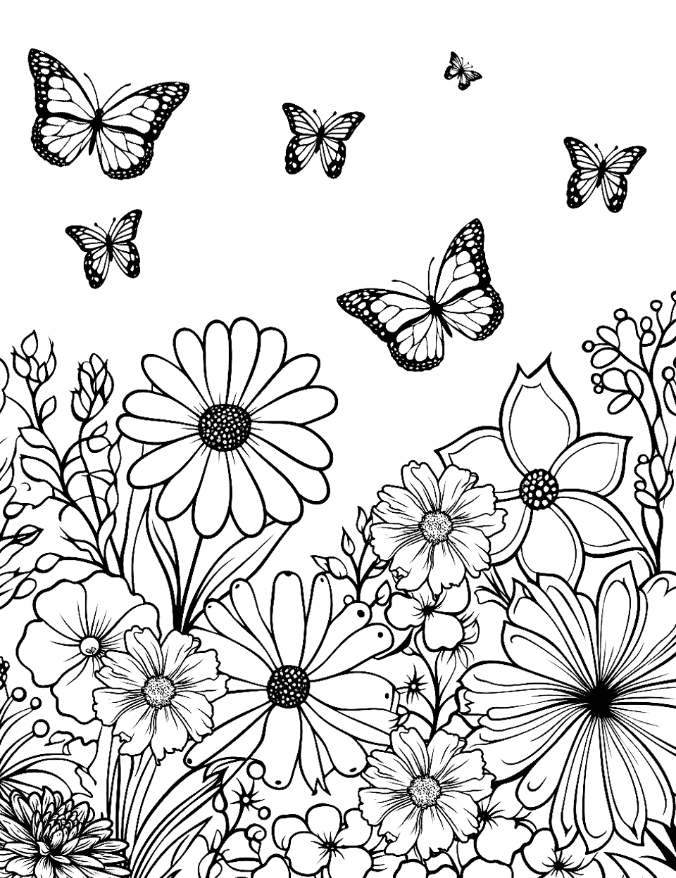 Spring Garden Bliss Coloring Page - A garden full of spring flowers, with butterflies flying around.