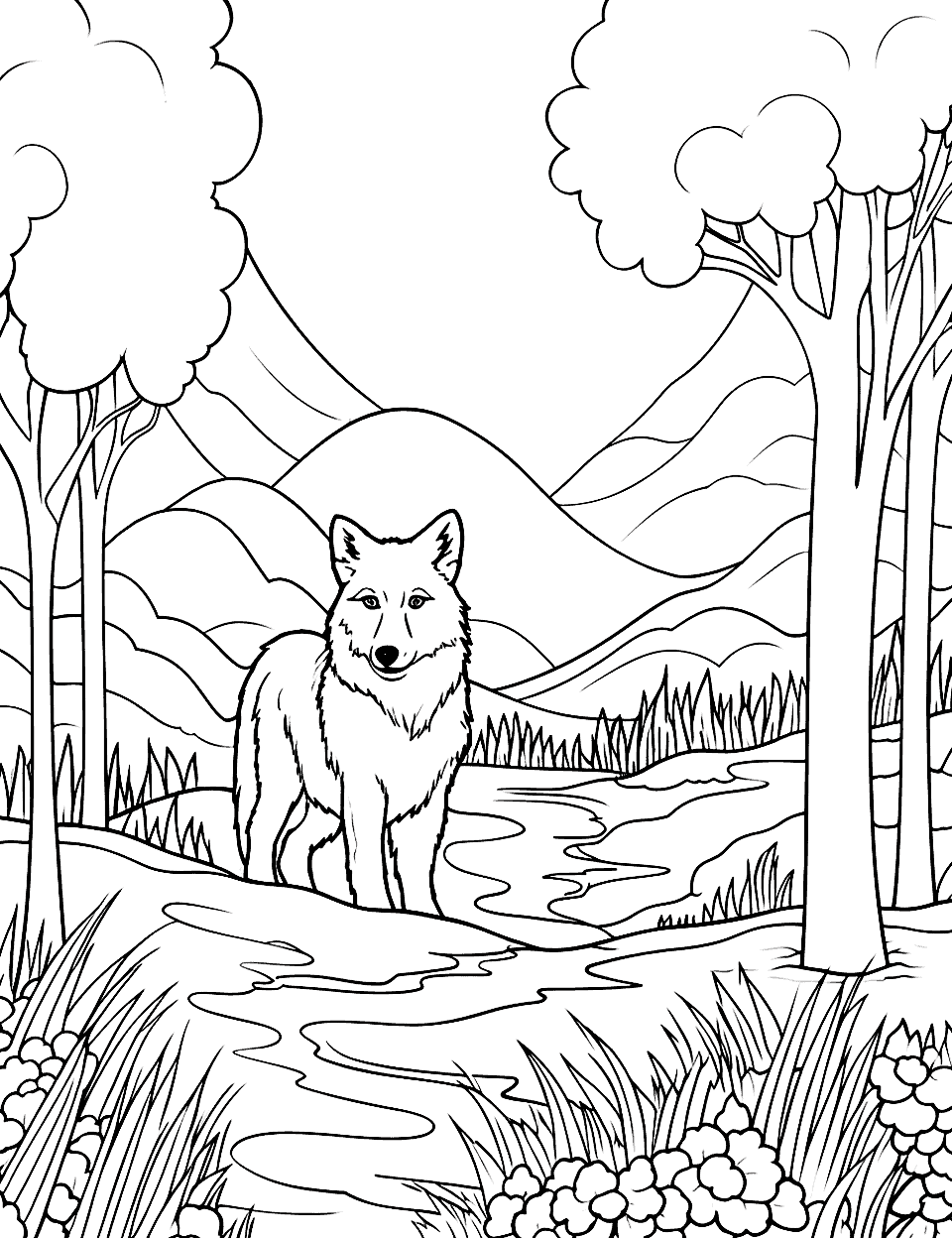 Lone Wolf in the Woods Coloring Page - A single wolf standing in a forest with tall trees all around.