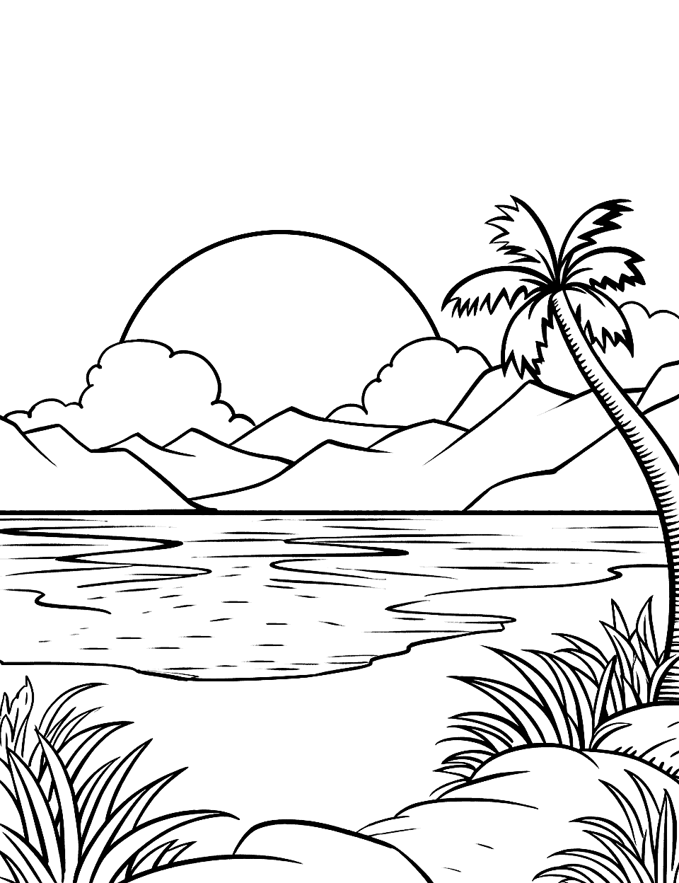 Sunset at the Island Shore Coloring Page - A breathtaking sunset view at a secluded island beach with palm trees.