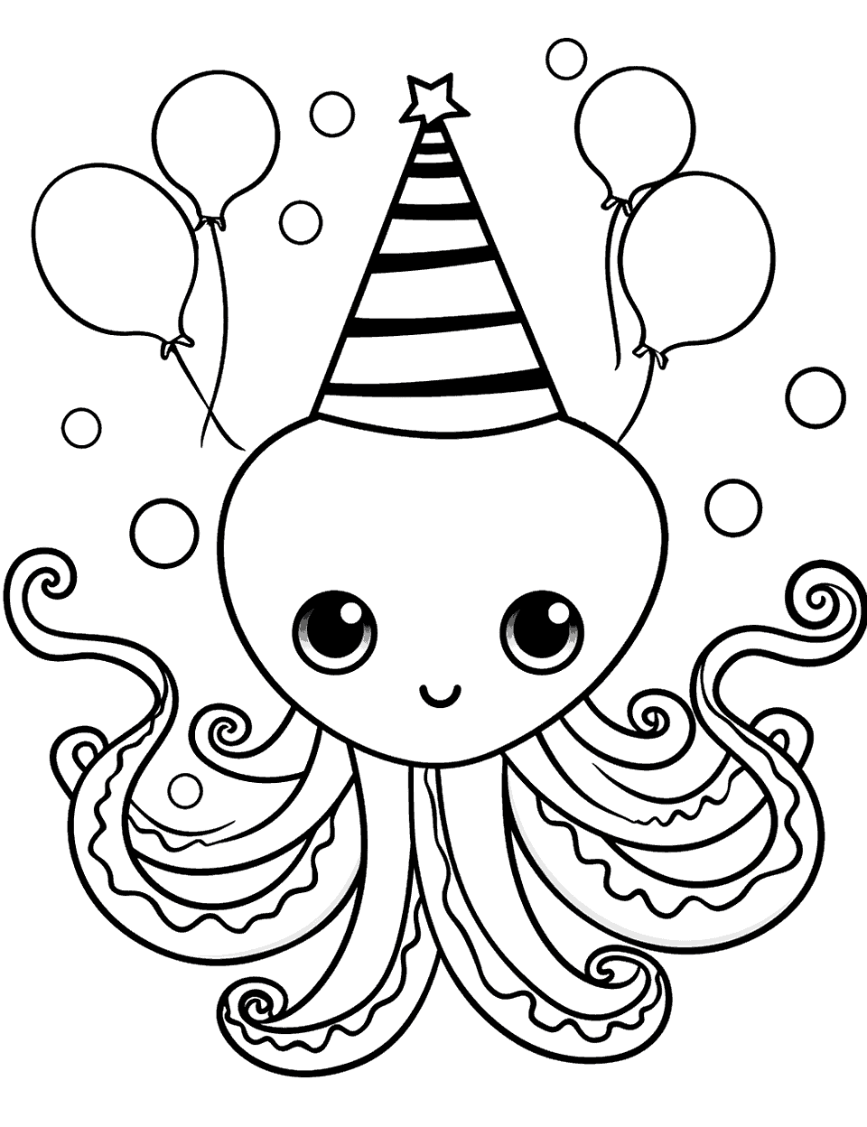 Cute Octopus in a Party Hat Coloring Page - An adorable octopus wearing a colorful party hat and surrounded by balloons.